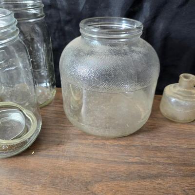 1930s Houze cobalt blue glass sailboat rocker ink blotter. with a collection of old bottles and some canning jars