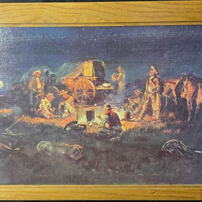 Framed print Laugh Kills Lonesome by artist Charles Marion Russell. with two other pieces of artwork