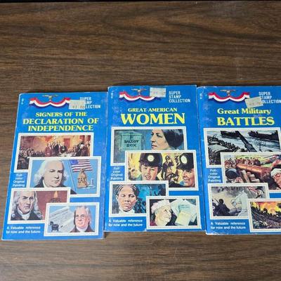 Super stamp collection booklets, Kenny Rogers pamphlet, Small historical booklets, books, and some sheets of music