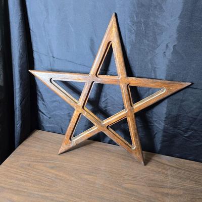 Wood framed star and a small 201 marked crock bean pot with double handles