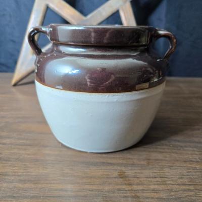 Wood framed star and a small 201 marked crock bean pot with double handles