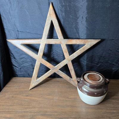 Wood framed star and a small 201 marked crock bean pot with double handles