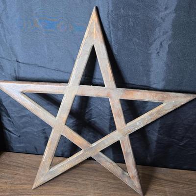 Wood framed star and a small 201 marked crock bean pot with double handles