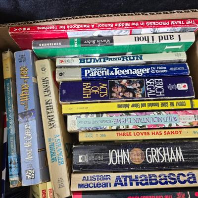 Boxes of softback books of different genres - Anne Frank - and more