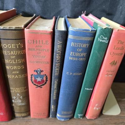 Vintage books - mostly all history - History of Europe - Chile - Thesaurus of English words and others