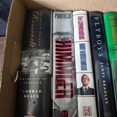 Boxes of hardback books of different genres - Alfred Hitchcock - Adolf Hitler - Fly boys - Last days of Hitler and more