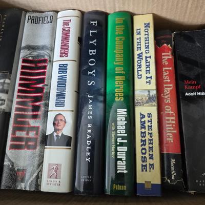 Boxes of hardback books of different genres - Alfred Hitchcock - Adolf Hitler - Fly boys - Last days of Hitler and more