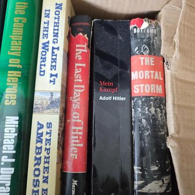 Boxes of hardback books of different genres - Alfred Hitchcock - Adolf Hitler - Fly boys - Last days of Hitler and more