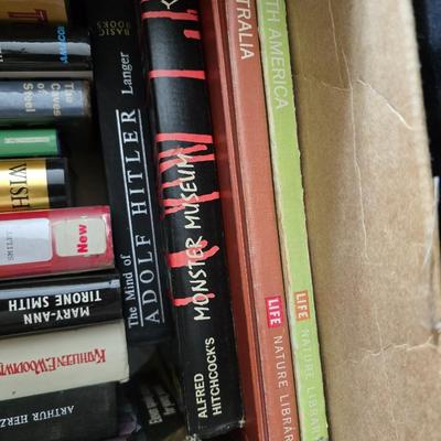 Boxes of hardback books of different genres - Alfred Hitchcock - Adolf Hitler - Fly boys - Last days of Hitler and more