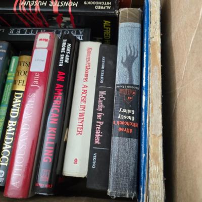 Boxes of hardback books of different genres - Alfred Hitchcock - Adolf Hitler - Fly boys - Last days of Hitler and more