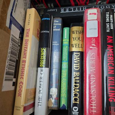Boxes of hardback books of different genres - Alfred Hitchcock - Adolf Hitler - Fly boys - Last days of Hitler and more