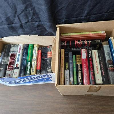 Boxes of hardback books of different genres - Alfred Hitchcock - Adolf Hitler - Fly boys - Last days of Hitler and more