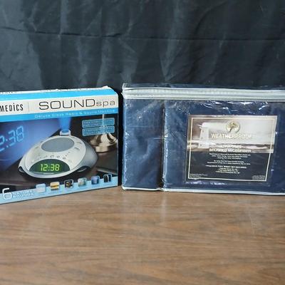 Brand new Homedics sound spa alarm clock with projectable time - and a new Full size 6-piece sheet set