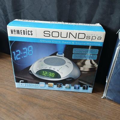 Brand new Homedics sound spa alarm clock with projectable time - and a new Full size 6-piece sheet set