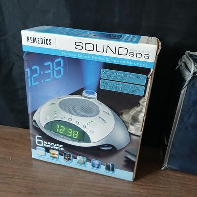 Brand new Homedics sound spa alarm clock with projectable time - and a new Full size 6-piece sheet set