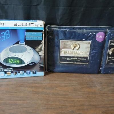 Brand new Homedics sound spa alarm clock with projectable time - and a new Full size 6-piece sheet set