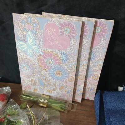 Crafting supplies - Faux greenery - small wooden baskets - Beautiful Quilt that needs finished - fabric and more