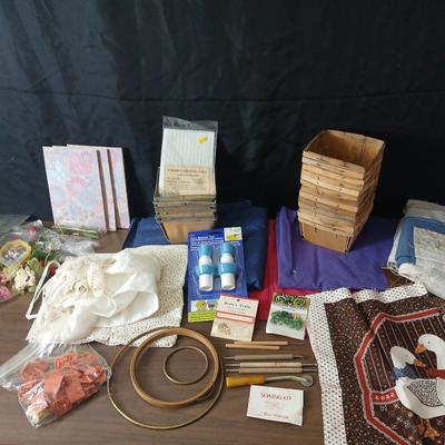 Crafting supplies - Faux greenery - small wooden baskets - Beautiful Quilt that needs finished - fabric and more