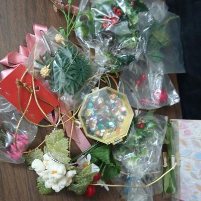 Crafting supplies - Faux greenery - small wooden baskets - Beautiful Quilt that needs finished - fabric and more