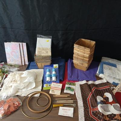 Crafting supplies - Faux greenery - small wooden baskets - Beautiful Quilt that needs finished - fabric and more