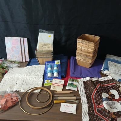 Crafting supplies - Faux greenery - small wooden baskets - Beautiful Quilt that needs finished - fabric and more