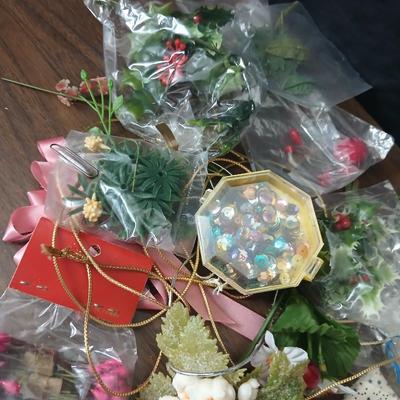 Crafting supplies - Faux greenery - small wooden baskets - Beautiful Quilt that needs finished - fabric and more