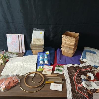 Crafting supplies - Faux greenery - small wooden baskets - Beautiful Quilt that needs finished - fabric and more