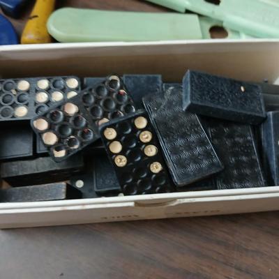 Collection of vintage toys - miniature wood bowling pins - Childs horseshoe game- Ring toss & dominoe sets