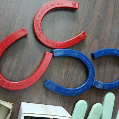 Collection of vintage toys - miniature wood bowling pins - Childs horseshoe game- Ring toss & dominoe sets