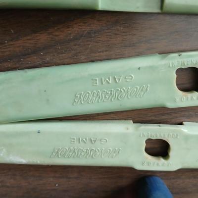 Collection of vintage toys - miniature wood bowling pins - Childs horseshoe game- Ring toss & dominoe sets