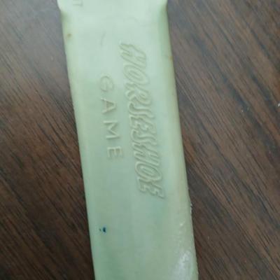 Collection of vintage toys - miniature wood bowling pins - Childs horseshoe game- Ring toss & dominoe sets