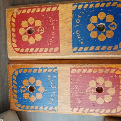 Collection of vintage toys - miniature wood bowling pins - Childs horseshoe game- Ring toss & dominoe sets