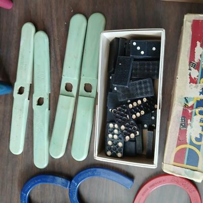 Collection of vintage toys - miniature wood bowling pins - Childs horseshoe game- Ring toss & dominoe sets