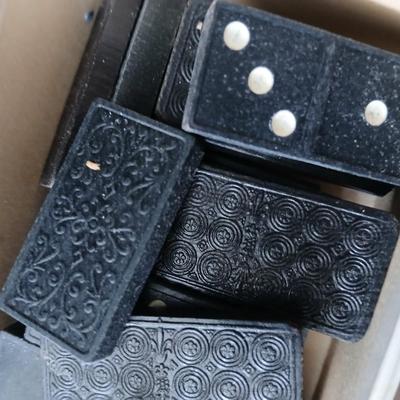 Collection of vintage toys - miniature wood bowling pins - Childs horseshoe game- Ring toss & dominoe sets