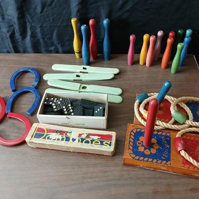 Collection of vintage toys - miniature wood bowling pins - Childs horseshoe game- Ring toss & dominoe sets