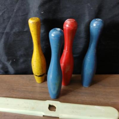Collection of vintage toys - miniature wood bowling pins - Childs horseshoe game- Ring toss & dominoe sets