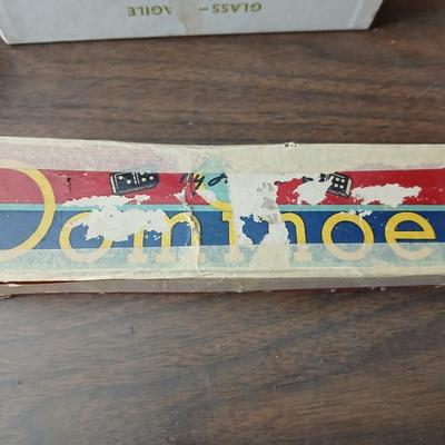 Collection of vintage toys - miniature wood bowling pins - Childs horseshoe game- Ring toss & dominoe sets
