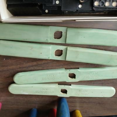 Collection of vintage toys - miniature wood bowling pins - Childs horseshoe game- Ring toss & dominoe sets