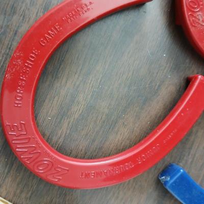 Collection of vintage toys - miniature wood bowling pins - Childs horseshoe game- Ring toss & dominoe sets