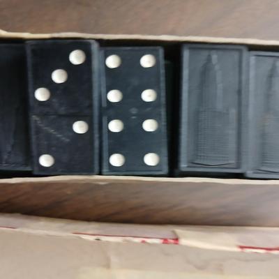 Collection of vintage toys - miniature wood bowling pins - Childs horseshoe game- Ring toss & dominoe sets