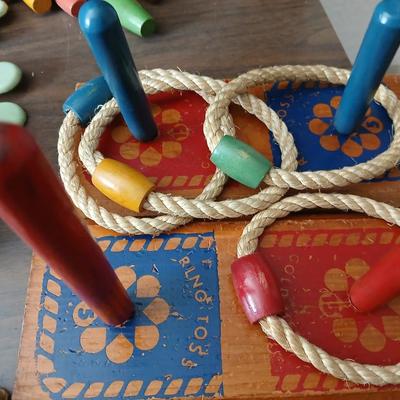 Collection of vintage toys - miniature wood bowling pins - Childs horseshoe game- Ring toss & dominoe sets