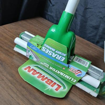 Brand new Libman sponge mop with new libman broom and dust pan and a flipflop fly swatter