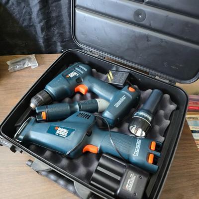 Tools for the garage - new stapler - 7.5 volt black & decker tool kit with drill, saw, screwdriver and flashlight - and tool kit with...