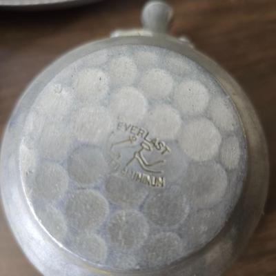 Vintage Wilson Specialties hand wrought aluminum dishware and a Thankful artwork