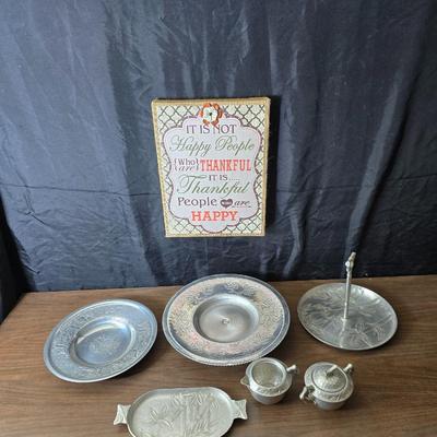 Vintage Wilson Specialties hand wrought aluminum dishware and a Thankful artwork