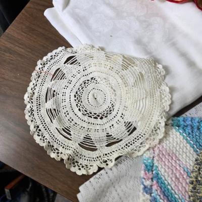 Kitchen linens - Chicken theme valance - lace apron - table cloth - hot pads - towels and more