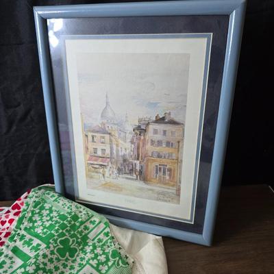 Kitchen linens - Chicken theme valance - lace apron - table cloth - hot pads - towels and more