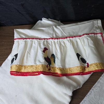Kitchen linens - Chicken theme valance - lace apron - table cloth - hot pads - towels and more