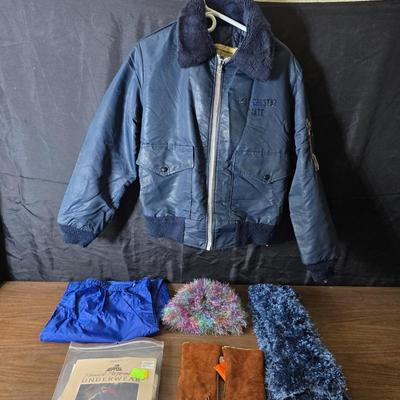 Vintage blue bomber jacket - with new Borg leather gloves - new long under ware - scarf - hat and more