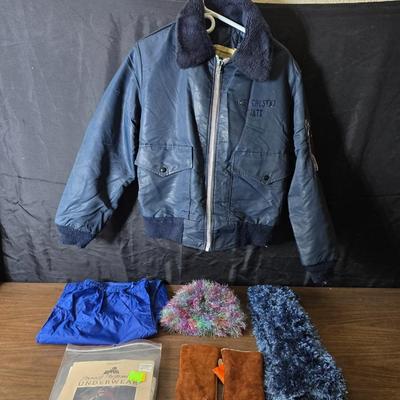 Vintage blue bomber jacket - with new Borg leather gloves - new long under ware - scarf - hat and more